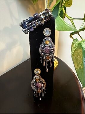 Chico's Purple and Gold Beaded Drop Earrings